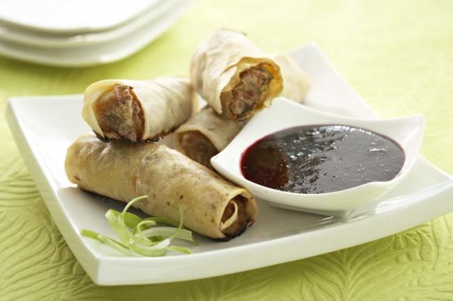 Baked Pork Spring Rolls with Blueberry Dipping Sauce